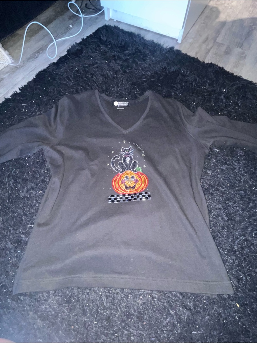 Vintage Christine Alexander Halloween Pumpkin & Cat Long Sleeve Top
